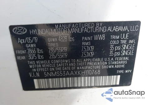 2019 Hyundai Santa Fe Ultimate 2.0T from USA, damaged, VIN 5NMS53AAXKH110768